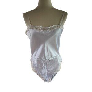 Vintage Prima French Bodysuit Lingerie Lace White Silky Size M Snap Crotch